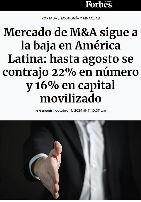 Mercado de M&A sigue a la baja en Amrica Latina: hasta agosto se contrajo 22% en nmero y 16% en capital movilizado